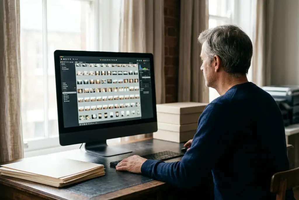 Fotograaf bekijkt honderden raw-foto’s op een groot computerscherm