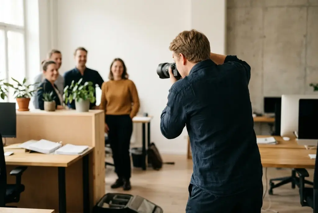 Fotograaf maakt teamfoto in een modern kantoor