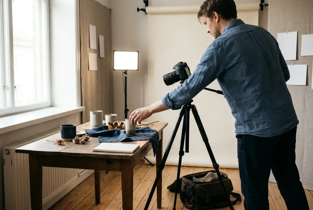 Fotostudio met camera op statief en ledpaneel voor productfoto