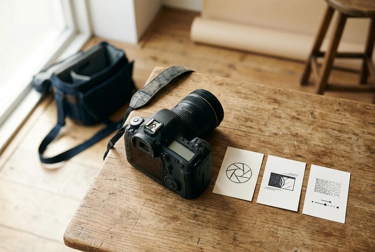 Camera met kaartjes die diafragma, sluitertijd en ISO uitleggen