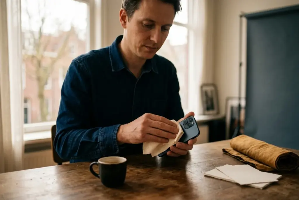 Iemand maakt de lens van een smartphone schoon met een zachte doek