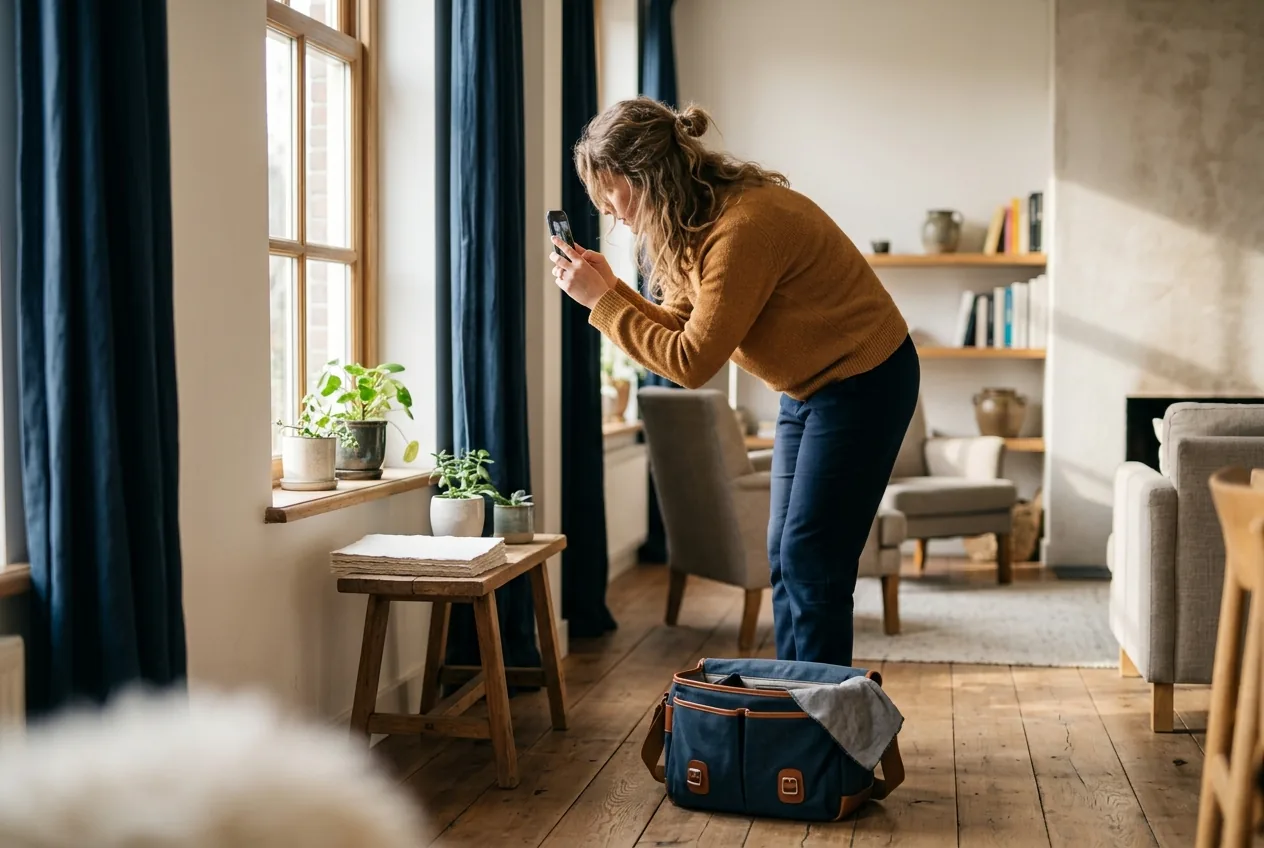 Foto van iemand die met een smartphone een foto maakt in een lichte kamer bij het raam