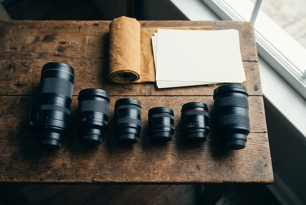 Overzicht van verschillende cameralenzen op een houten tafel