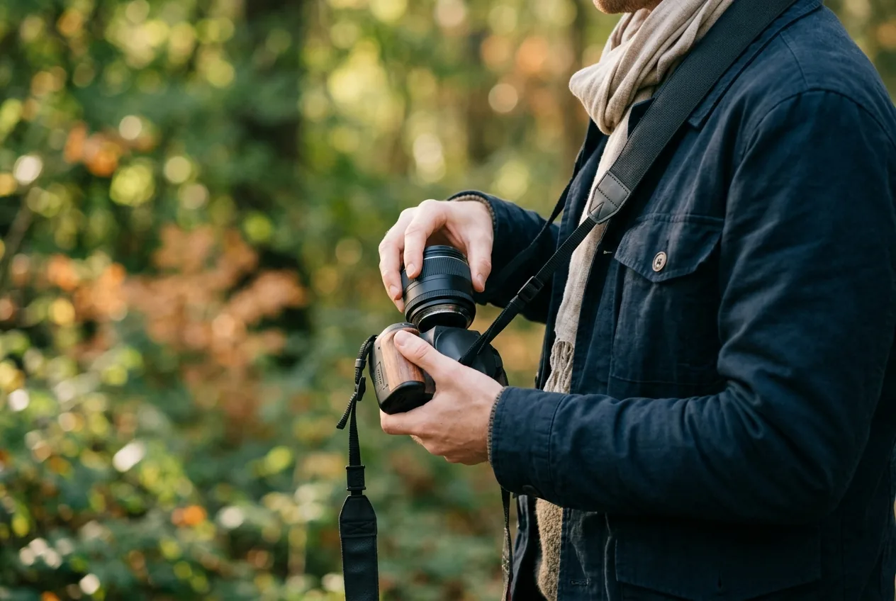 Handen die buiten een cameralens verwisselen met een camera
