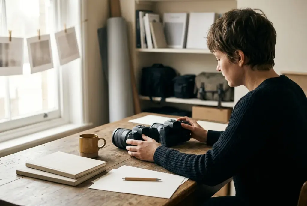 Fotograaf vergelijkt twee moderne camerabodies op een bureau met daglicht