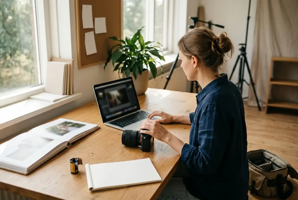 Fotograaf aan bureau met camera en laptop, lichte werkruimte