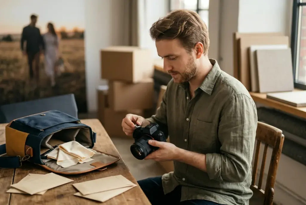 Fotograaf controleert camera en geheugenkaart op locatie met tas en doekjes