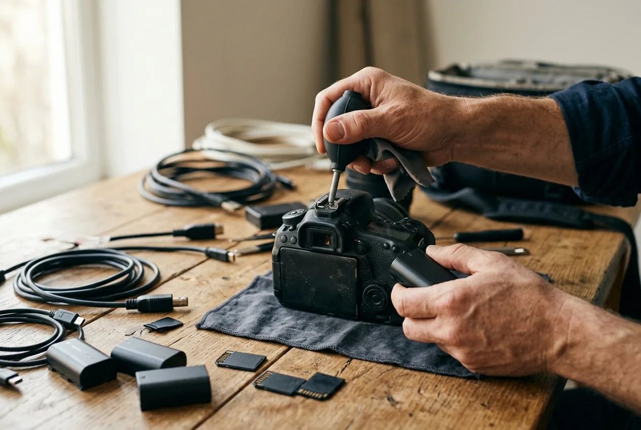 Handen reinigen hotshoe van camera en batterijen wisselen, tussen SD-kaarten en kabels
