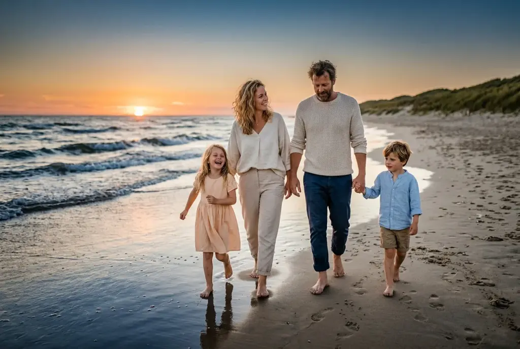 Familiefotoshoot op het strand bij zonsondergang, gezin in rustige kleuren