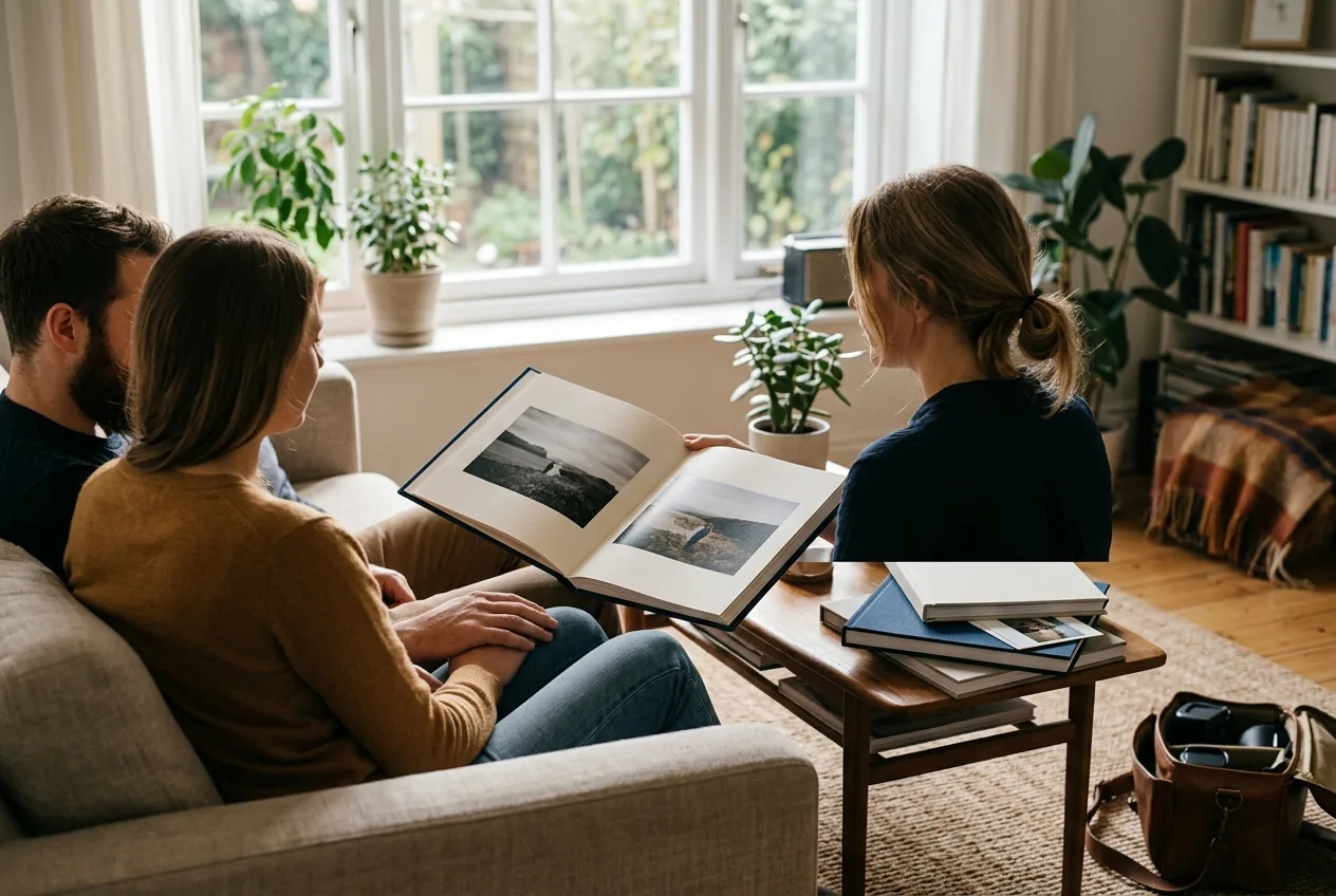 Fotograaf toont fotoalbums aan opdrachtgevers in zonnige woonkamer