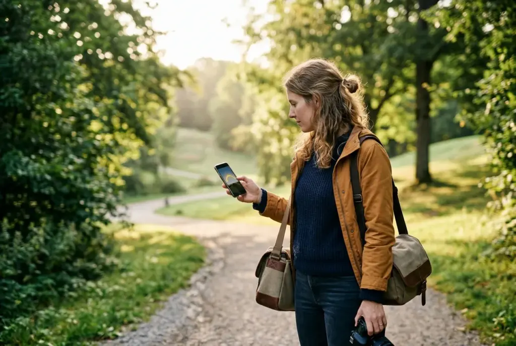 Fotograaf gebruikt zonnestand-app op locatie in park