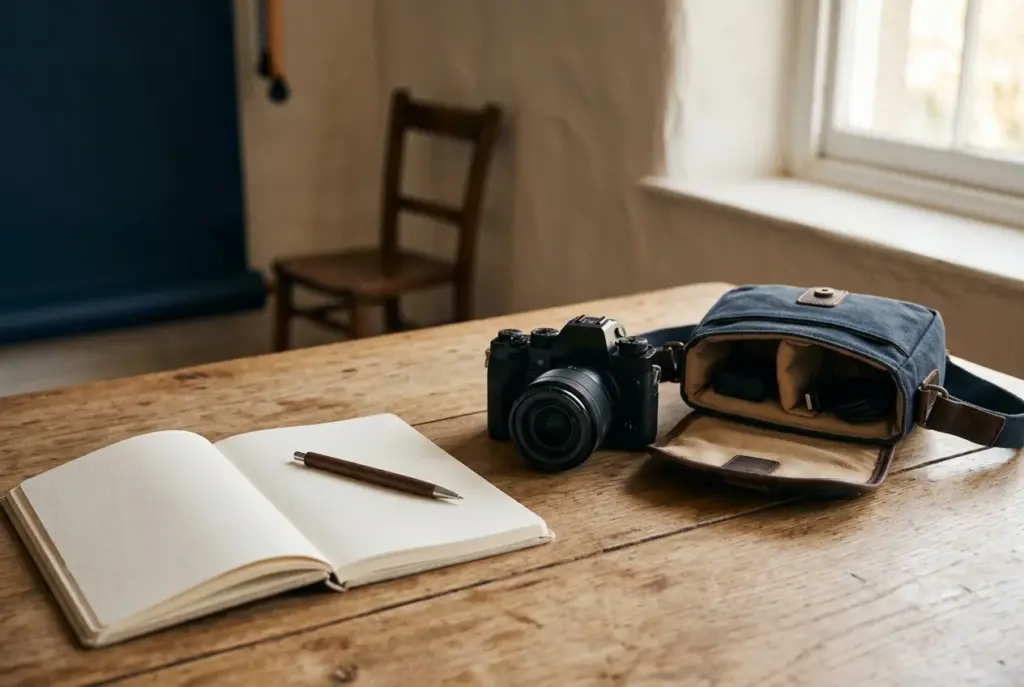 Beginnerscamera met lens en tas op houten tafel