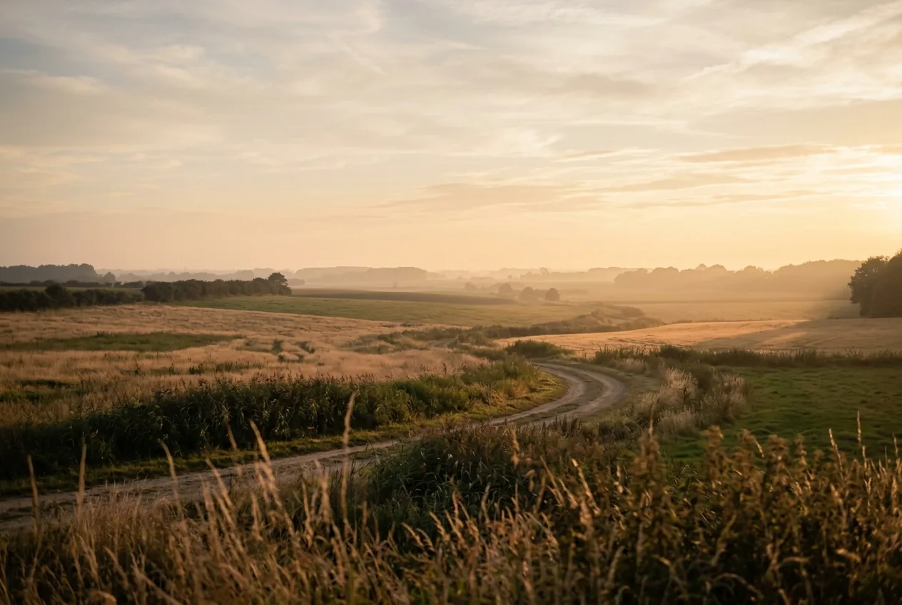 Landschap met licht van het gouden uur, lage zon en warme tinten
