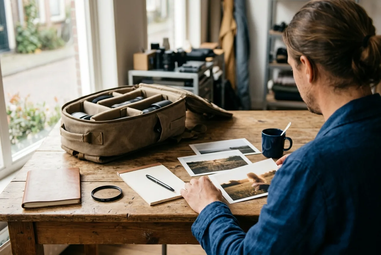 Fotografenuitrusting met reistas, notitieboek, lensfilter en fotoafdrukken