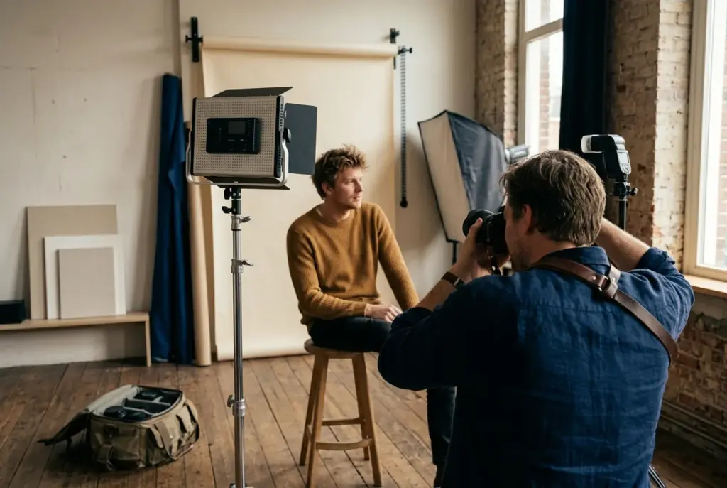 Moderne studio met grote ledlamp en reportageflitser naast elkaar bij een portretshoot