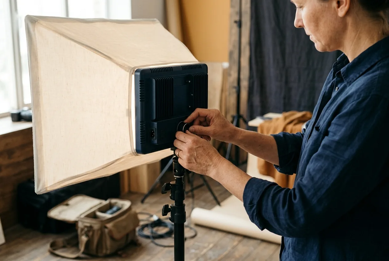 Fotograaf stelt een ledpaneel met softbox af tijdens een studioshoot