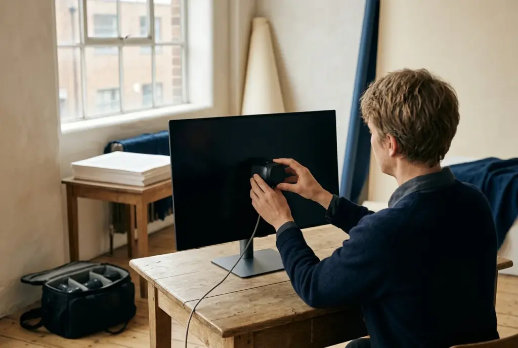 Professionele studio met OLED-monitor, colorimeter in gebruik