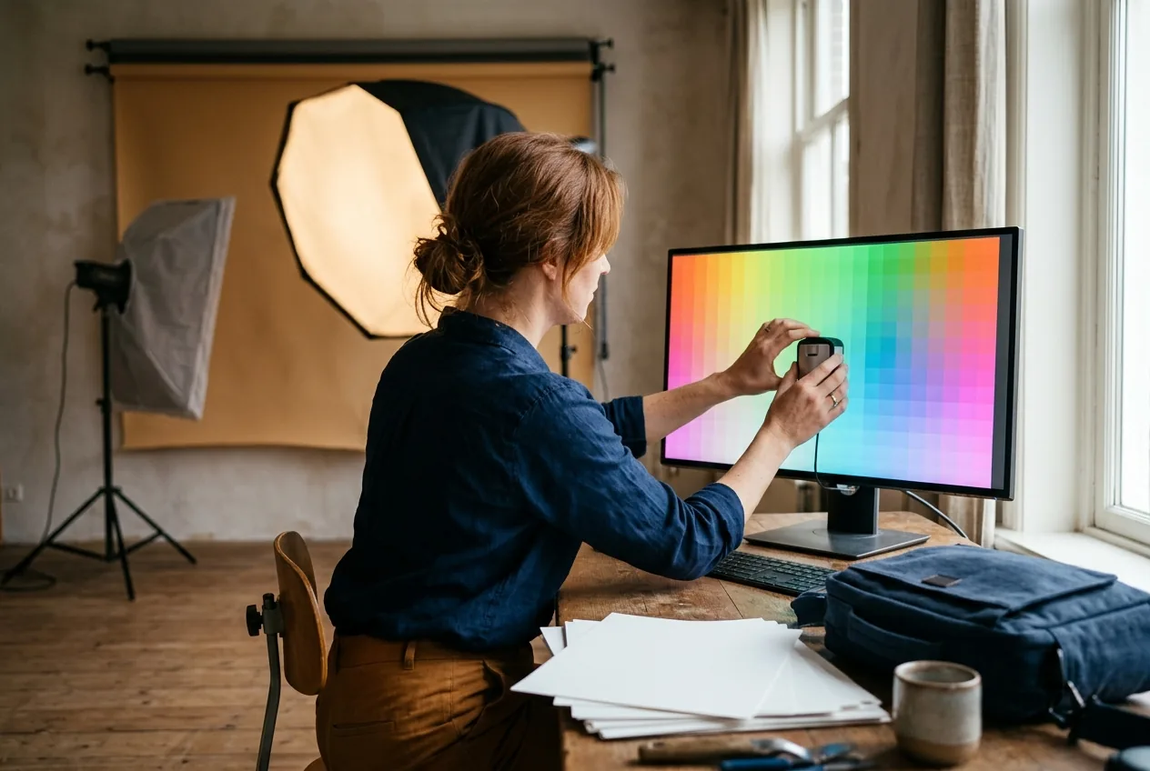 Fotograaf kalibreert een beeldscherm met een colorimeter in de studio