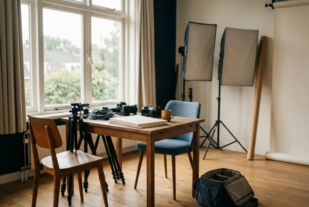 Een rustige, lichte fotostudio met apparatuur en zachte belichting
