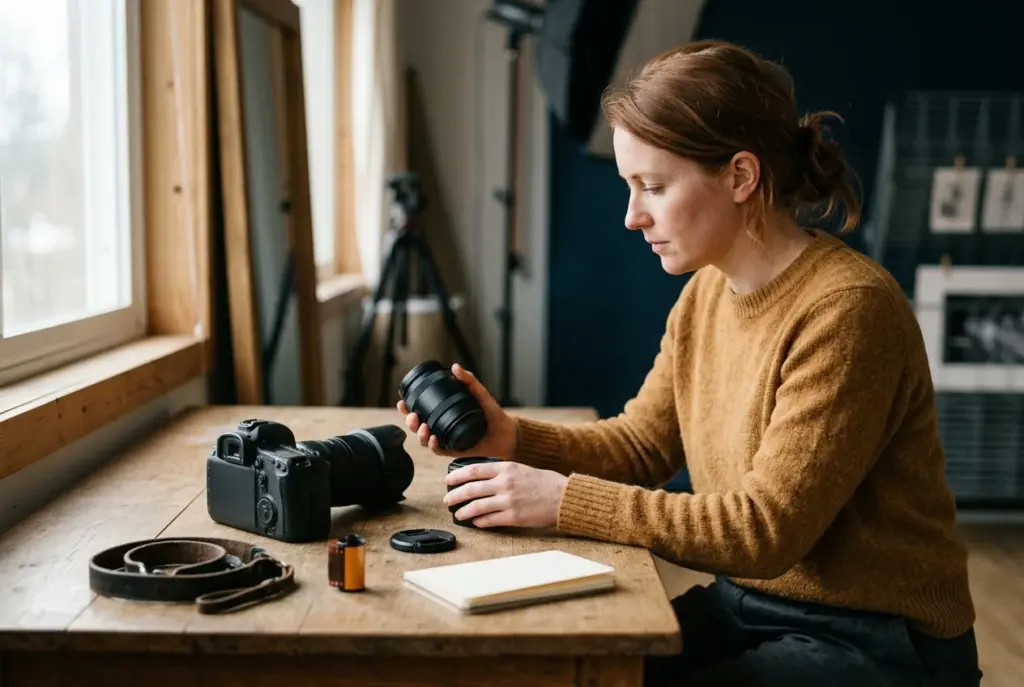 Fotograaf die twee verschillende lenzen vergelijkt op een houten bureau