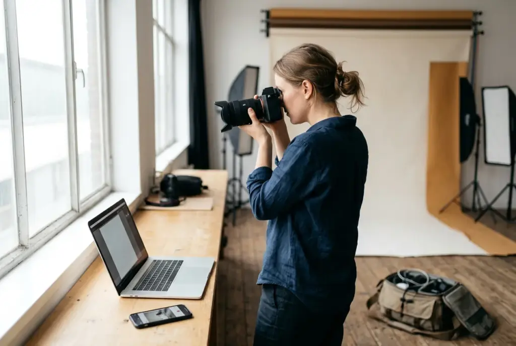 Fotograaf werkt draadloos met laptop en smartphone in moderne studio