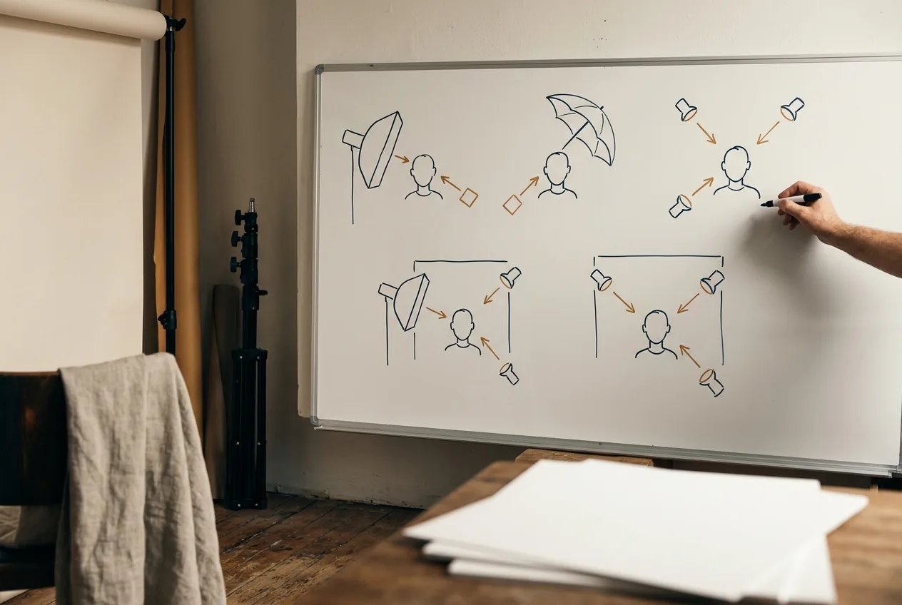 Vijf lichtdiagrammen voor portretstudio-opstellingen, getekend op een whiteboard