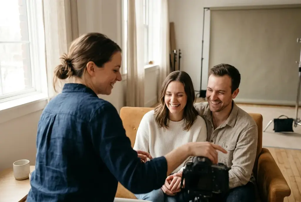 Fotograaf en model lachen ontspannen samen in lichte studio