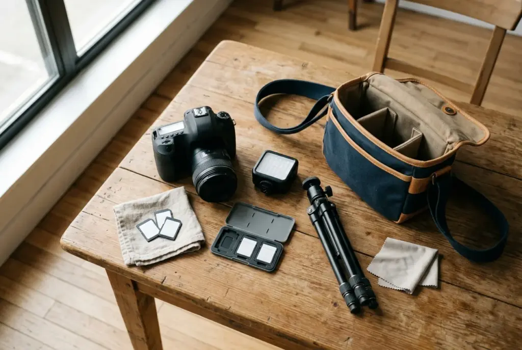 Overzichtelijke opstelling van onmisbare fotografie-accessoires op een tafel
