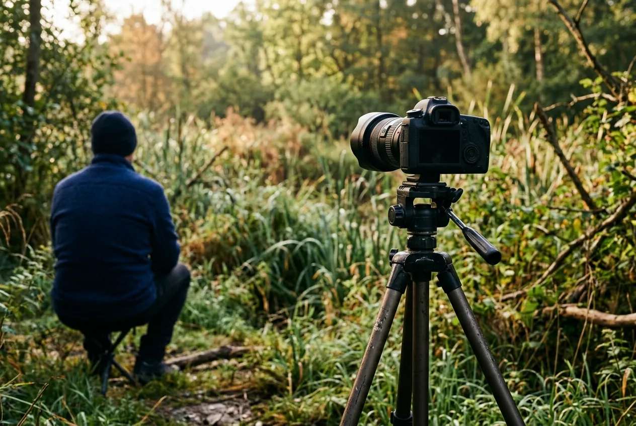 Camera op statief in de natuur wachtend op het juiste moment