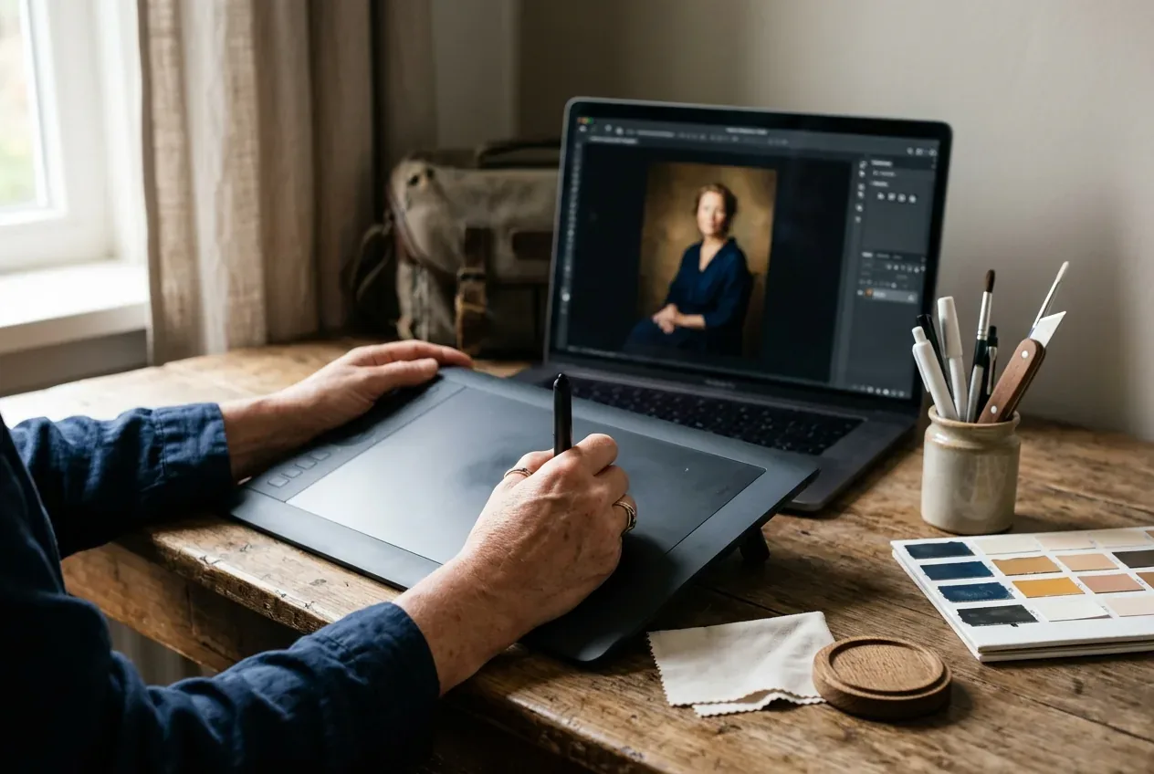 Handen van fotograaf bij het retoucheren van een portretfoto