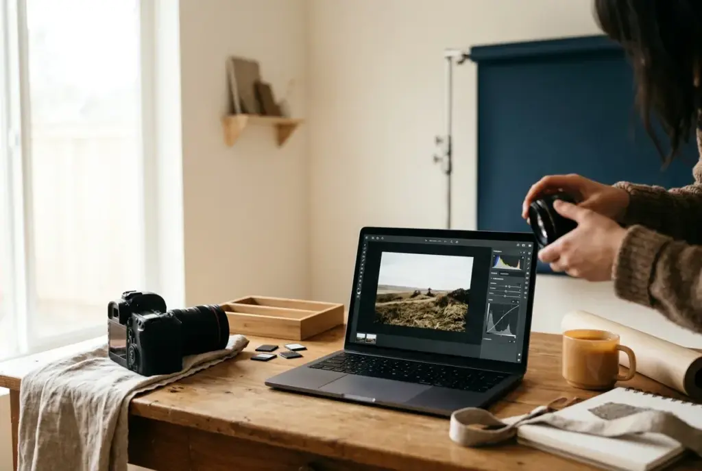 Een werkplek met een digitale camera, geheugenkaarten en een laptop met foto’s