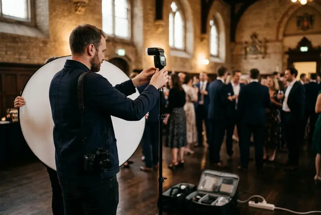 Fotograaf aan het werk in een donkere zaal met een reflectiescherm