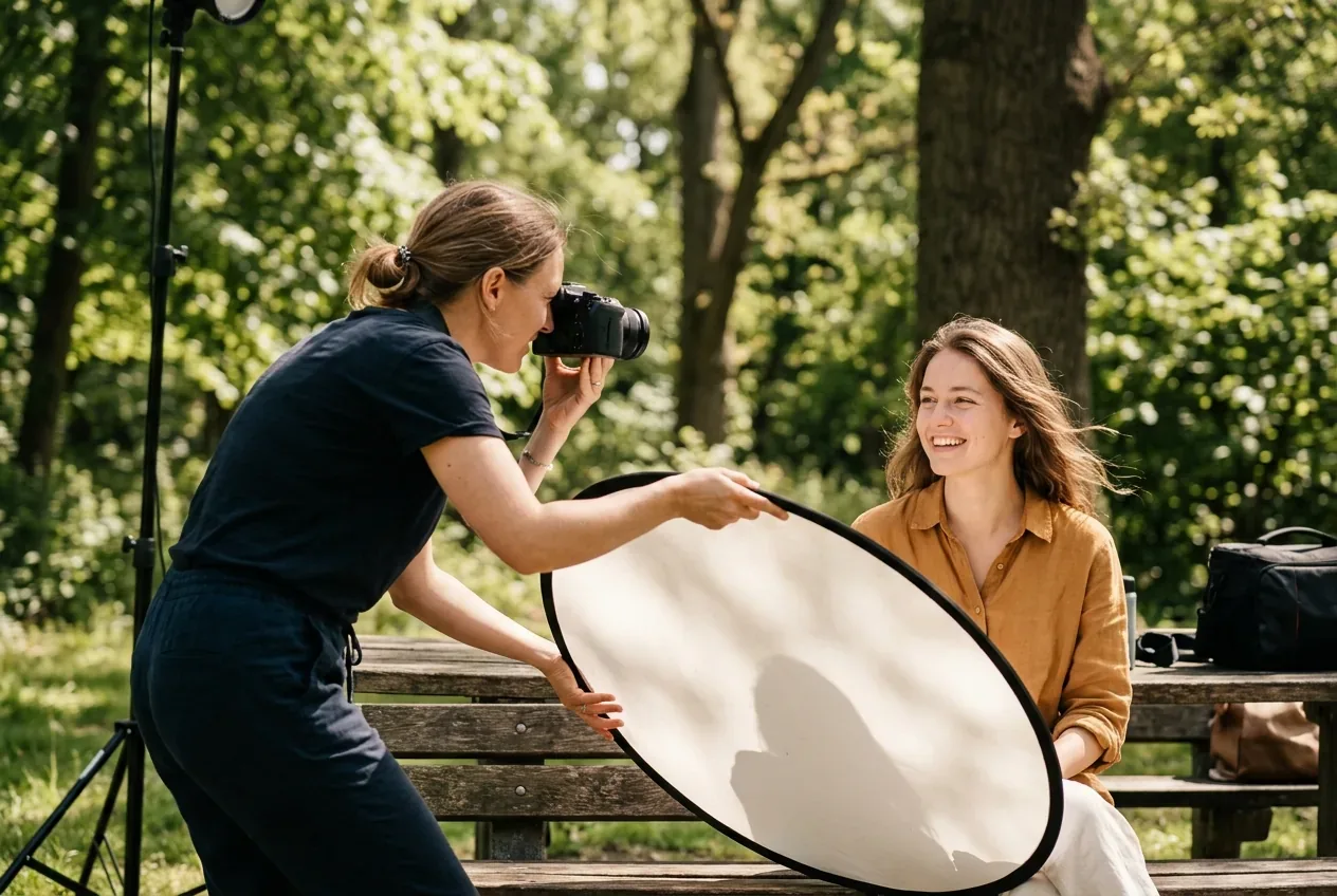 Portretfotograaf gebruikt reflectiescherm buiten in fel zonlicht