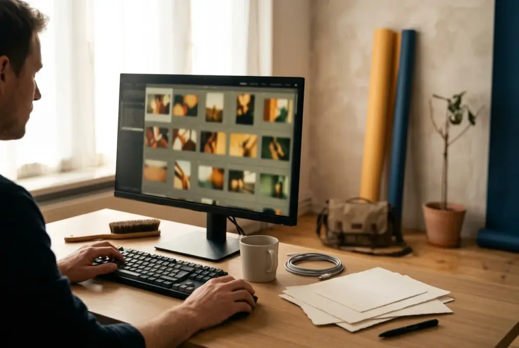Werkplek met Lightroom op scherm, veel fotominiaturen zichtbaar