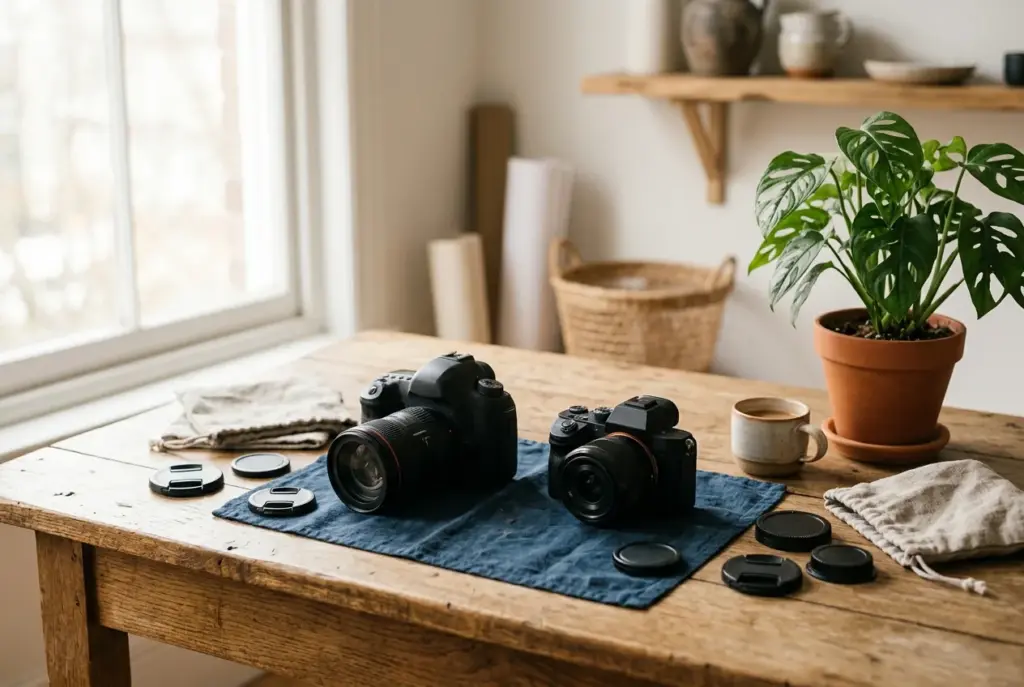 DSLR en systeemcamera naast elkaar op een bureau, met neutrale lenzendoppen en een plant
