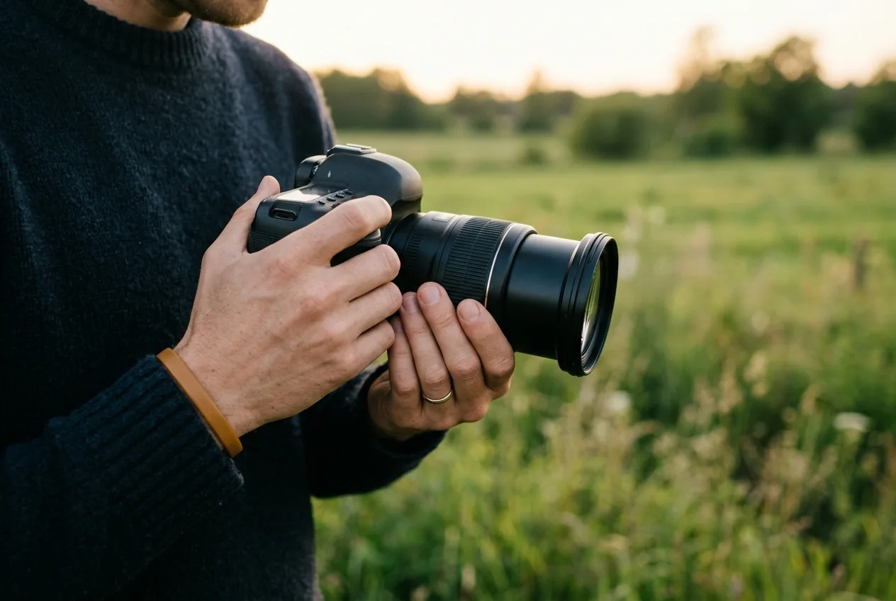 Cameraset met open diafragma, hand stelt scherp, groene vage achtergrond