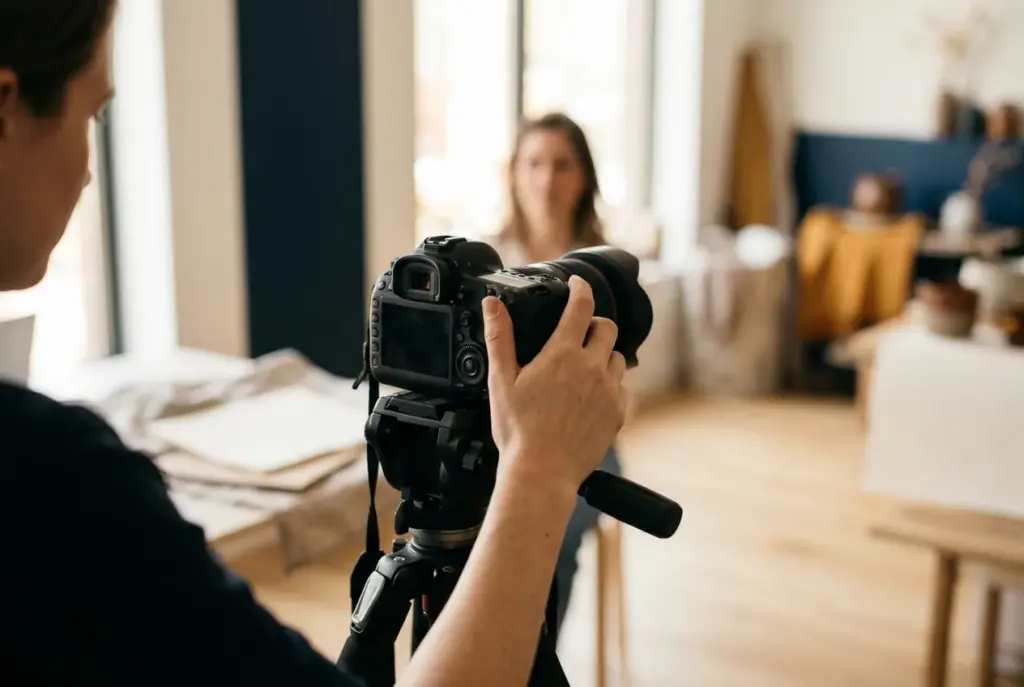 Camera op statief met fotograaf, onderwerp onscherp op de achtergrond