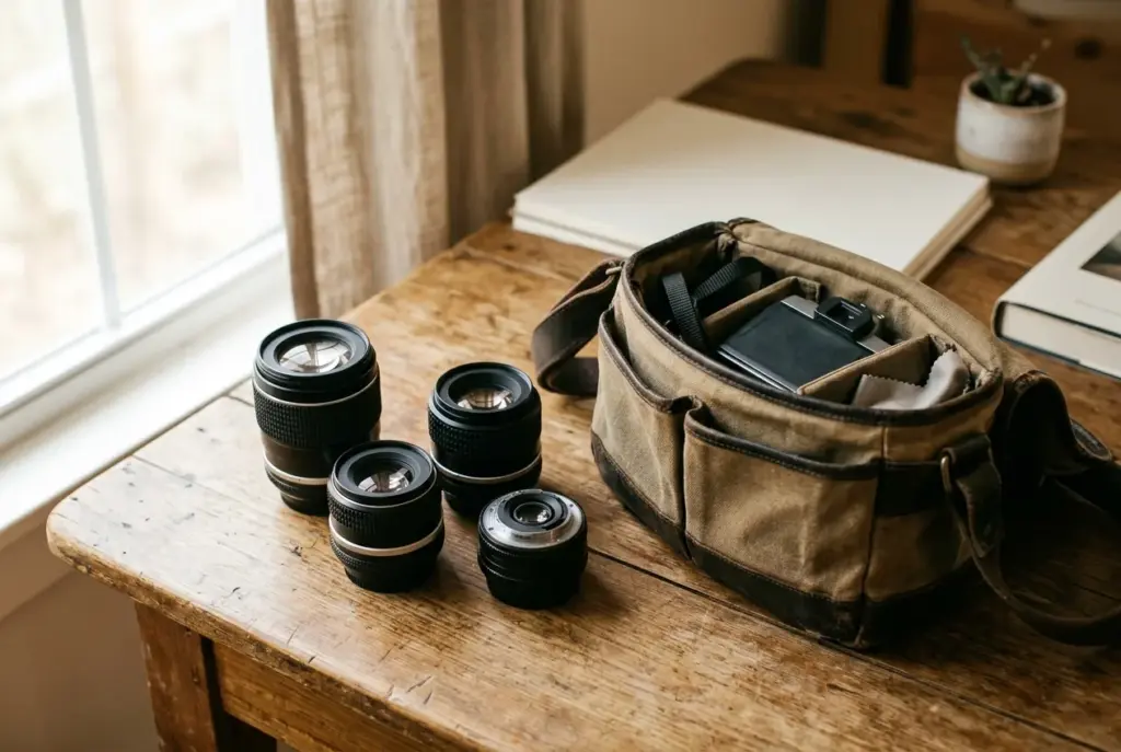 Verschillende lenzen voor fotografie op een houten tafel