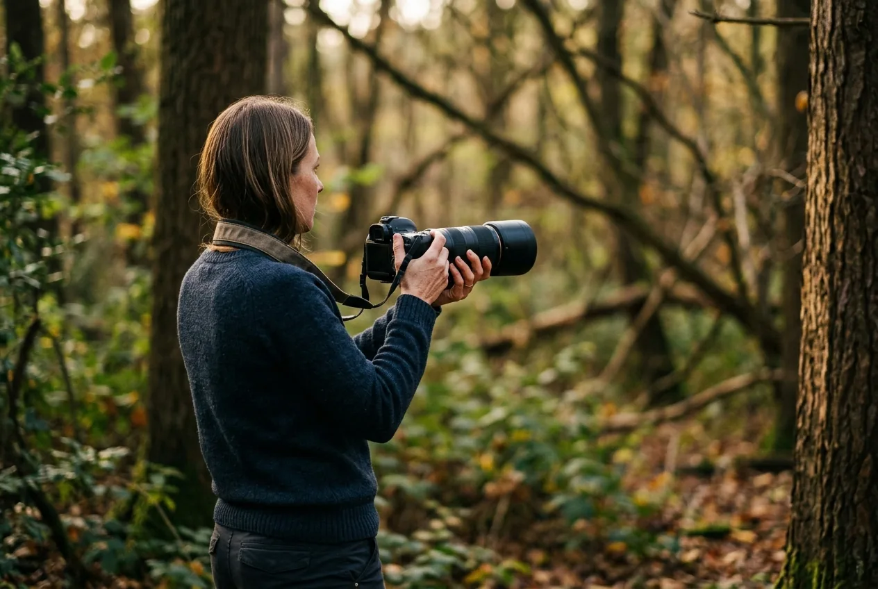 Fotograaf gebruikt een telelens in een bosrijke omgeving