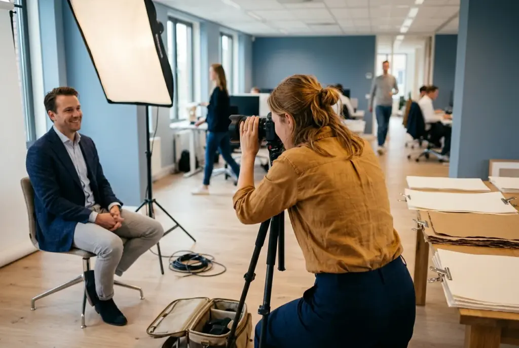 Zakelijke fotoshoot op kantoor met professionele fotograaf en goede belichting