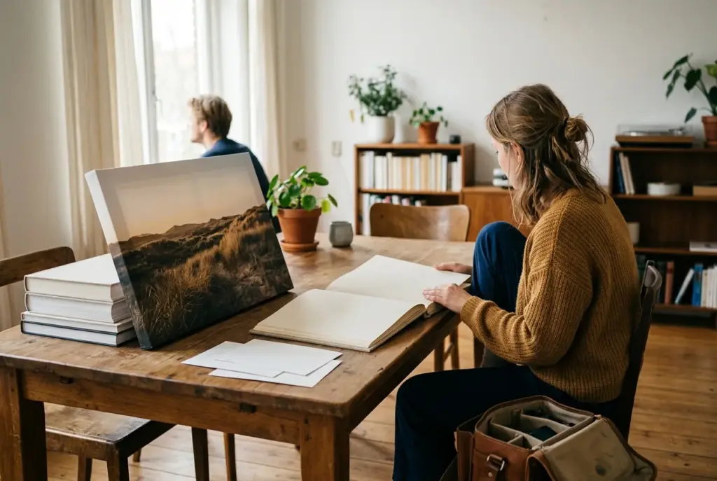 Woonkamer met canvas aan de muur en fotoalbum op tafel