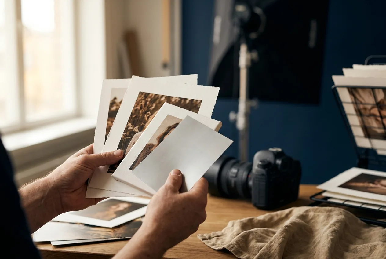 Handen houden afdrukken vast op papier, canvas en dibond