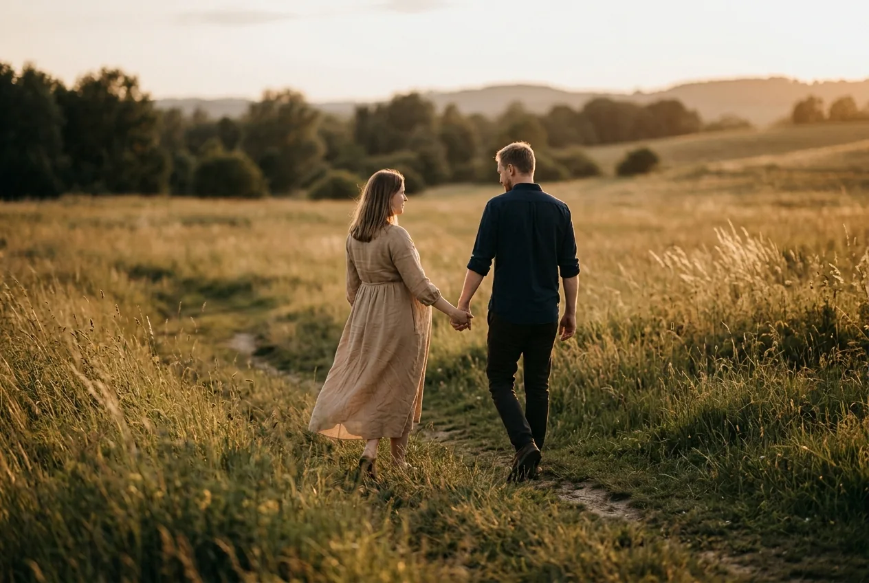 Zwangere vrouw buiten in beige jurk met partner bij zonsondergang
