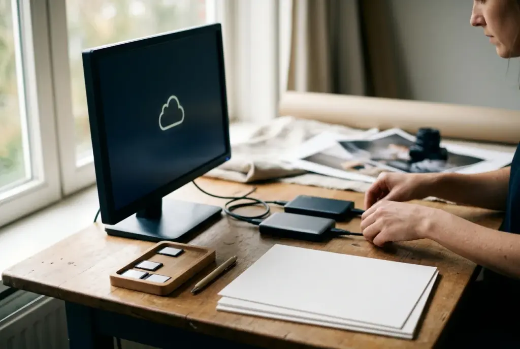 Een opgeruimd studiobureau met monitor, externe schijven, geheugenkaarten en een oplichtend cloud-symbool
