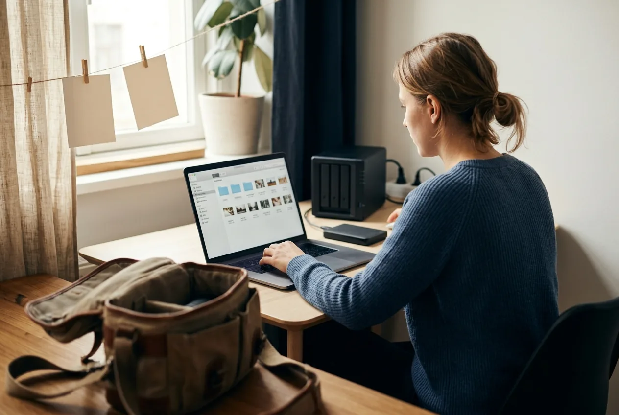 Fotograaf ordent digitale bestanden op een laptop, met NAS en externe schijf op de achtergrond