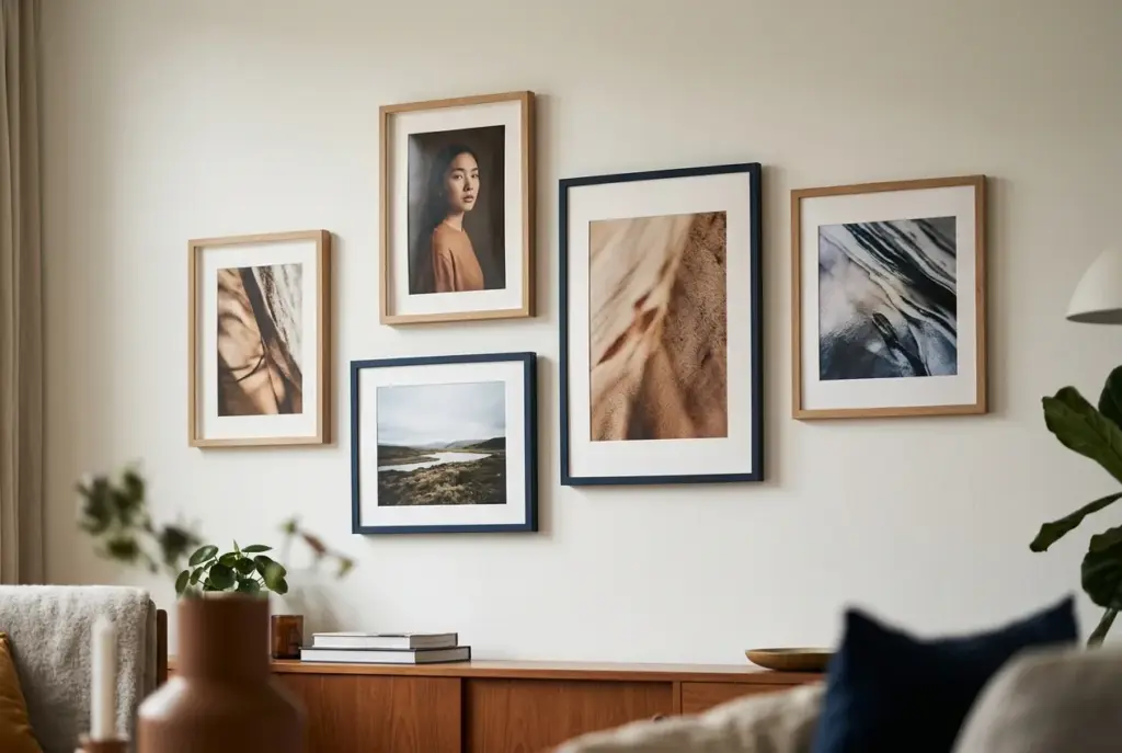 Afgedrukte foto’s aan de muur met verschil in helderheid