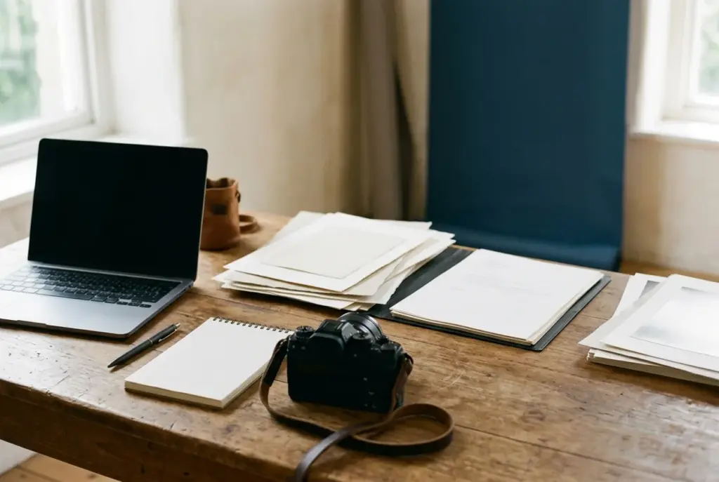 Werkplek met laptop, pen, camera en contract op houten tafel