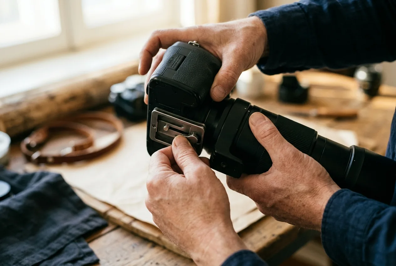 Handen bevestigen camera met telelens aan quick-release clip