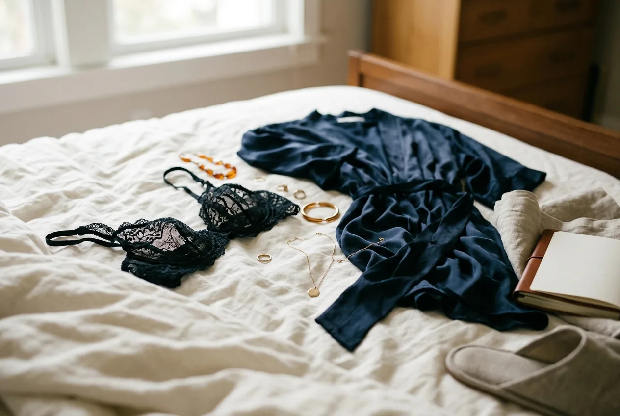 Kant lingerie, zijden ochtendjas en sieraden op bed, in warme sfeer als voorbereiding op boudoirshoot