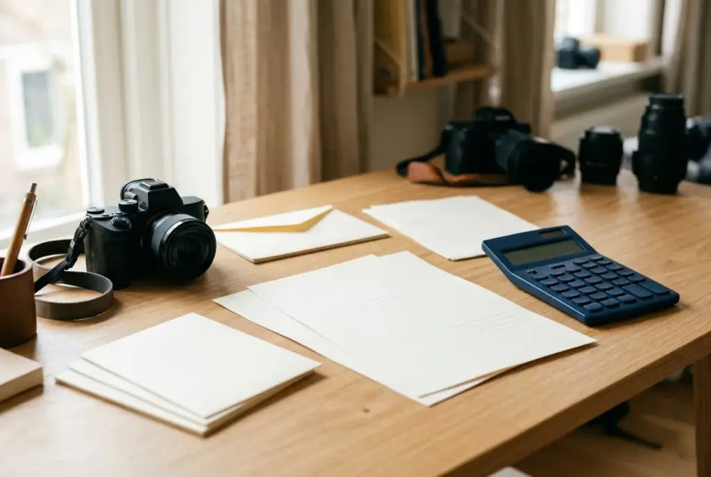Bureau met factuur, rekenmachine en camera in zachte verlichting